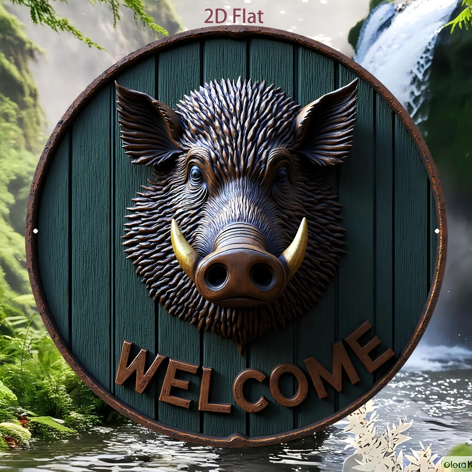 2D Flat Round Metal Sign Welcome Wild Boar Animal Wall Decor Rustic Home Decor Gift 8x8in