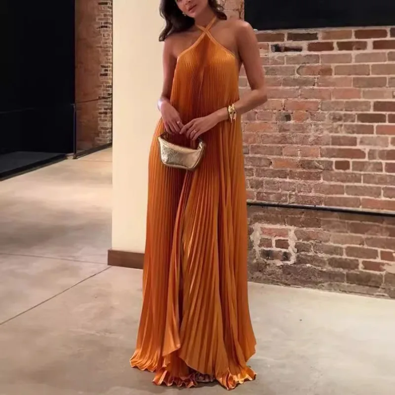 

Halter Cross Straps Long Pleated Asymmetric Hem Sleeveless Backless Elegant Evening Long Maxi Dresses Sexy Holiday Chic Summer