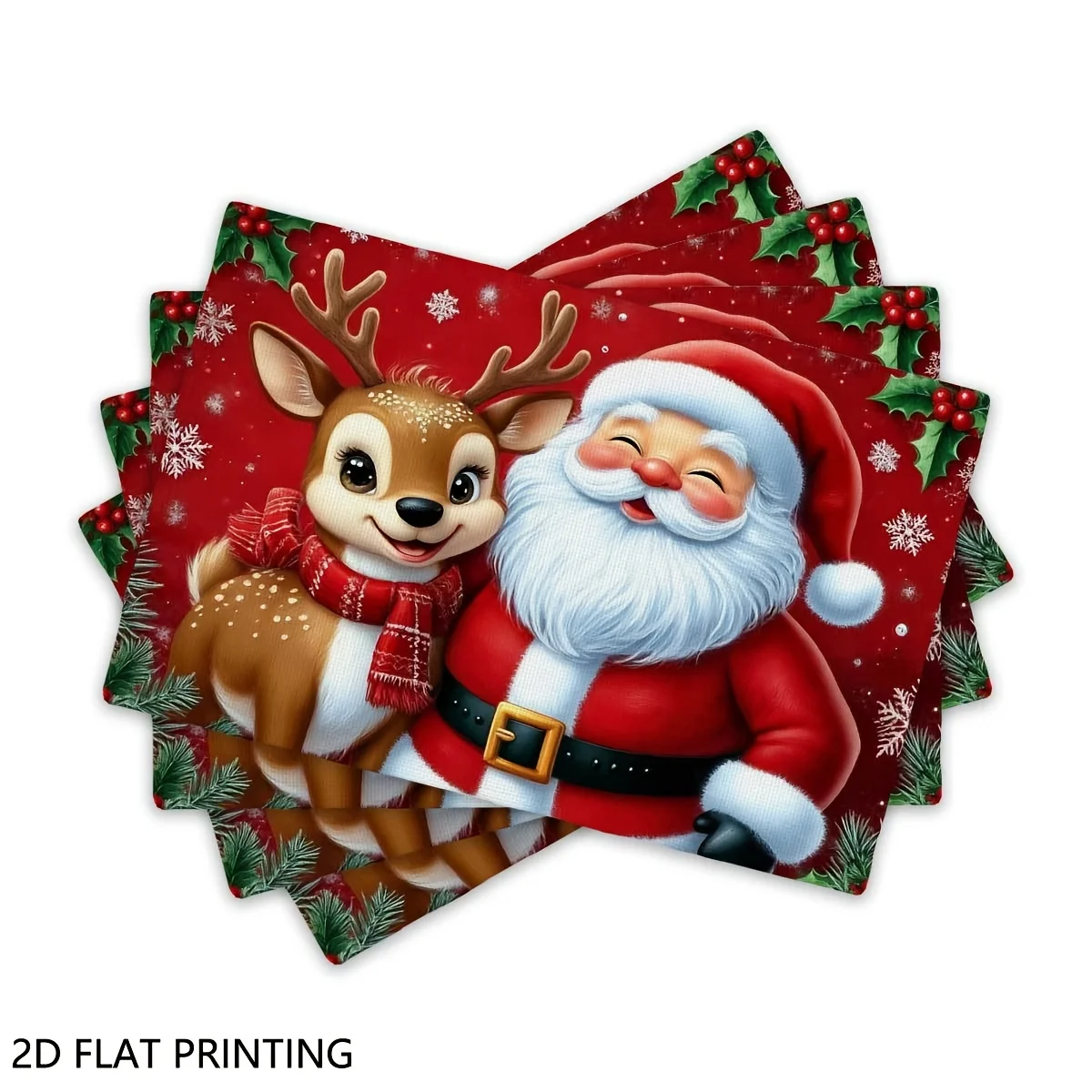 Christmas Placemat Set Santa Claus And Reindeer Holiday Design Country Retro Washable Placemat,Suitable for Dining Table
