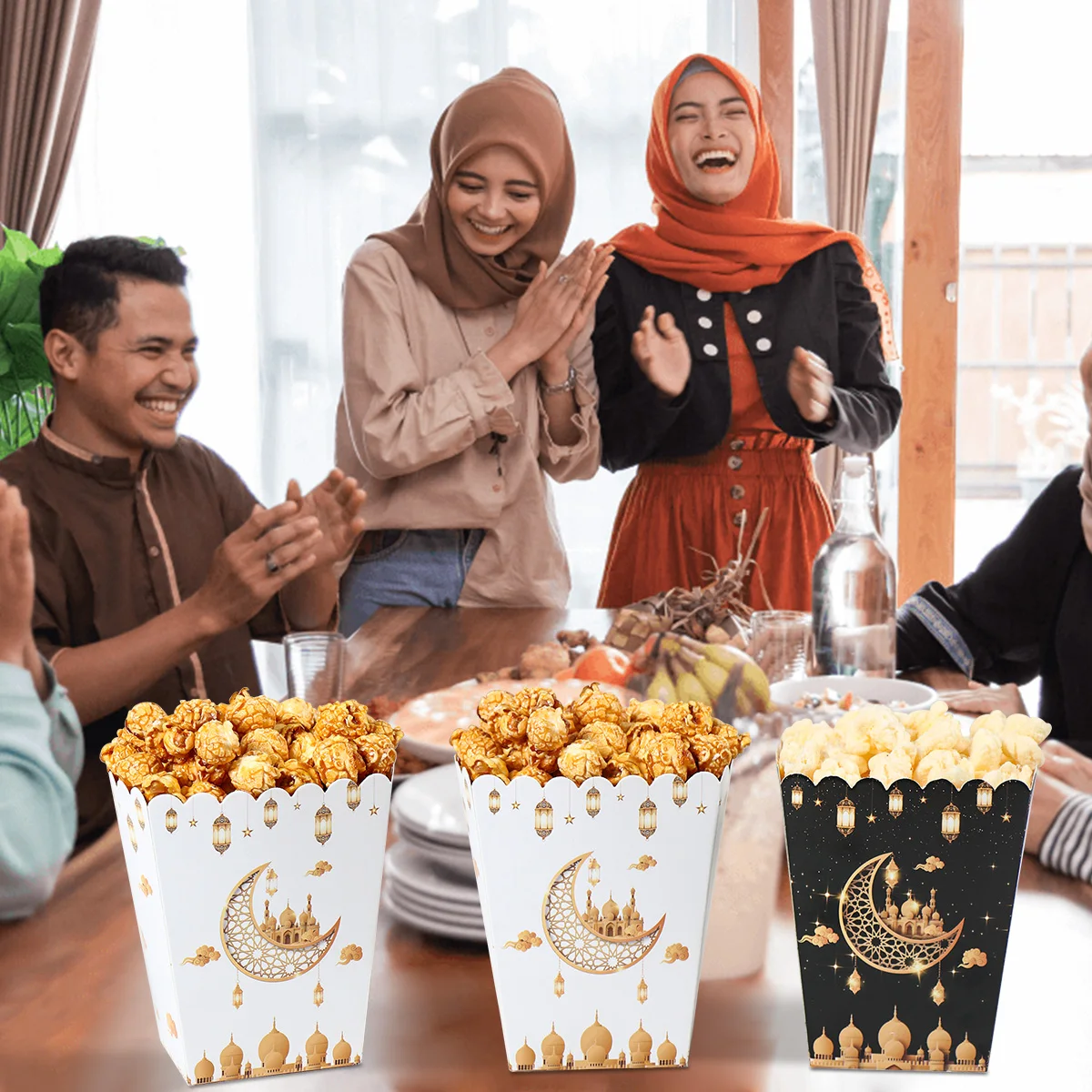 EID Popcorn Box Candy Bag Biscuit Gift Box Ramadan Decorations For Home 2024 EID Mubarak Islamic Muslim Party Decor Eid al-Fitr