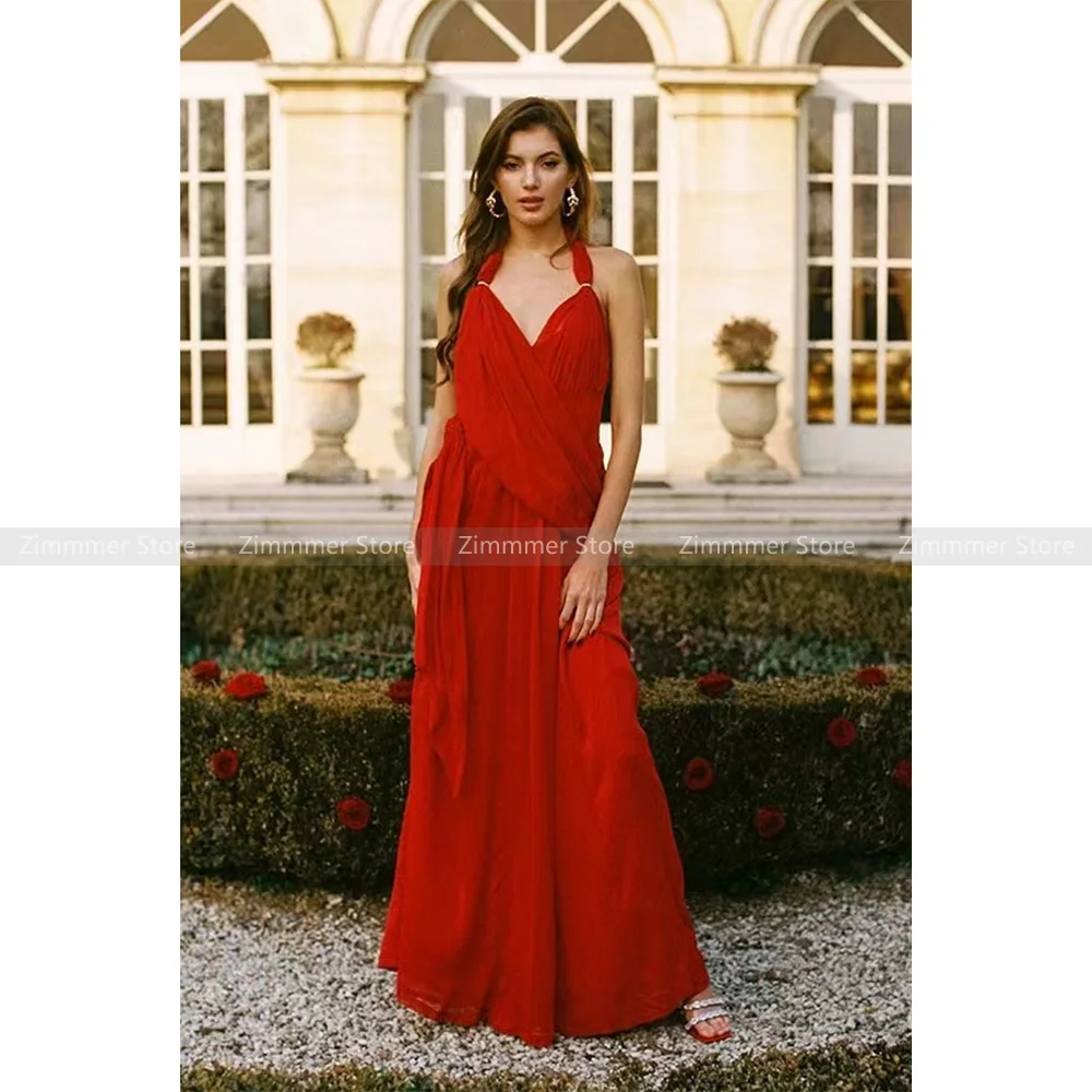 

French v-neck neckline dress senior sense of red Hepburn small dress birthday party temperament trailing long skirt