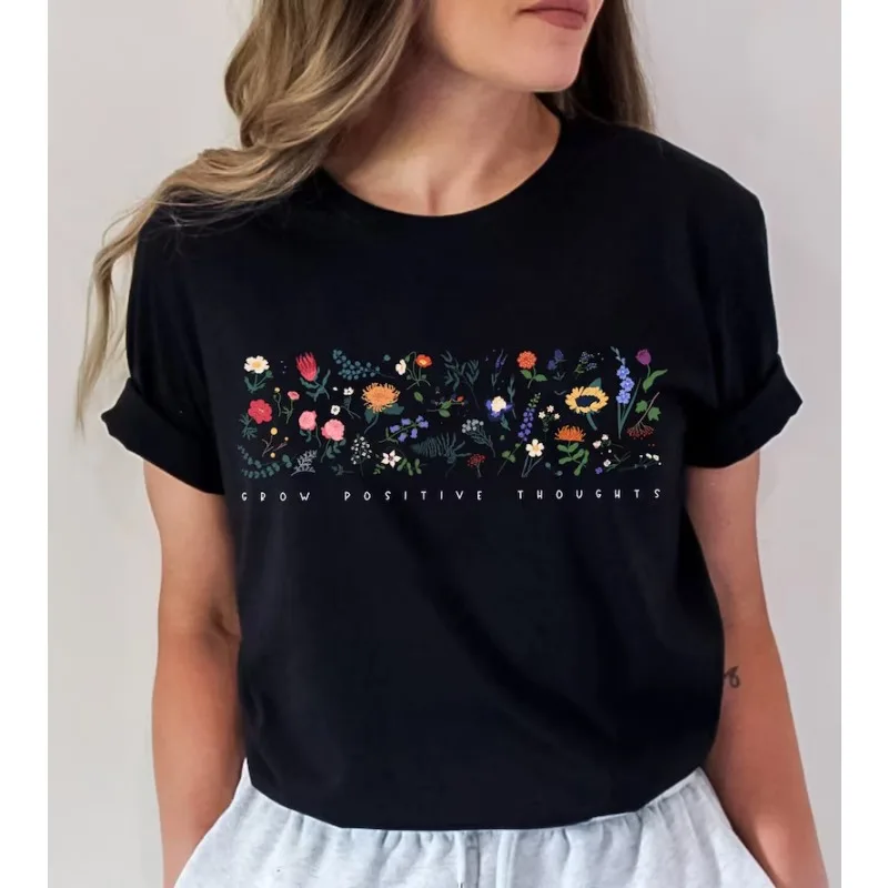 Spring Wildflowers Print Oversize T-Shirt Vintage Botanical Wildflower Print Tee Casual Loose Fit Short Sleeve Tops for Women