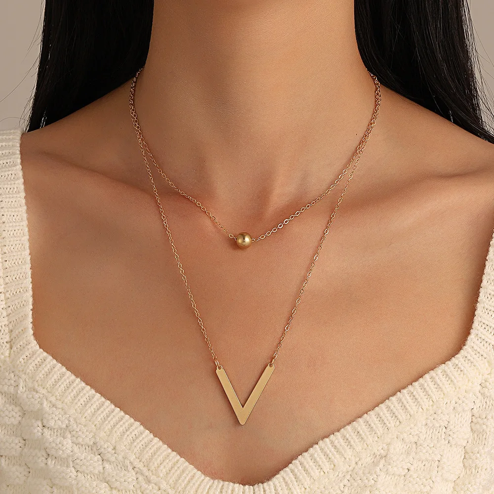 Gold Color V Letter Shape Pendant Necklace For Women Double-layer Chain Daily Wear Fashion Versatile Female Jewelry Birthday Gif