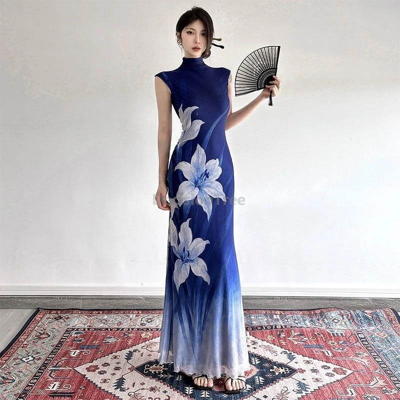 

2025 chinese style vintage gradient temperament sleeveless qipao waist cinching slimming fit dancing qipao dainty printed dress