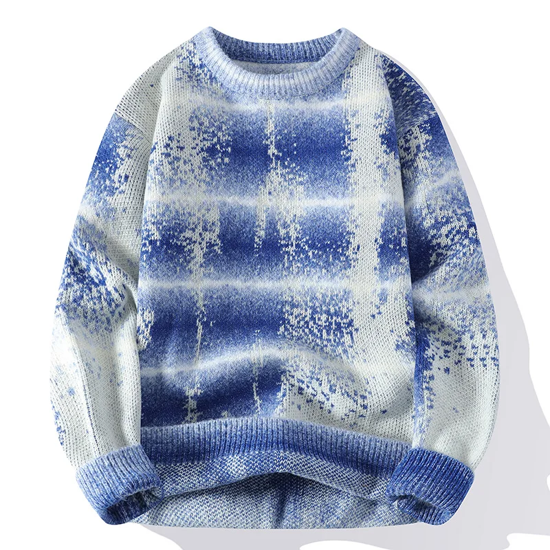 Fall Winter Pullover Knit Sweater Men Knitwear Harajuku Street Gradient New Tie-dye Knit Top Loose Fit Casual Round Neck Sweater