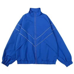 Reflective Striped Jacket Men Stand Collar Sports Windbreaker Coats Hip Hop Streetwear Zipper Jacket Harajuku Coats Black Blue