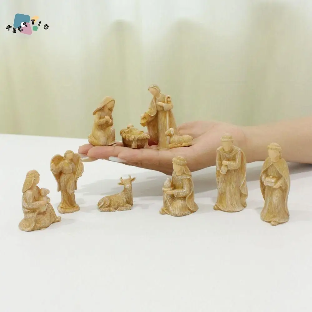 

10Pcs/set Cartoon Resin Crafts Horse Trough Resin Ornament Carving 3D Religious Nativity Figure Miniature Church Statue Home