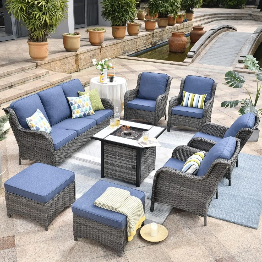 8 Pieces All Weather Wicker Conversation Set Outdoor Furniture Patio Furniture Set with Propane Fire Pit Table and Ottomans