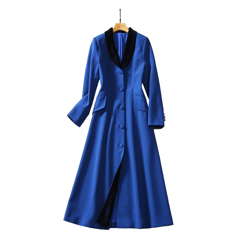 2023 Kate Princess Blue Patchwork Velvet Coat Long Sleeve Single Breasted OL Trenchcoat