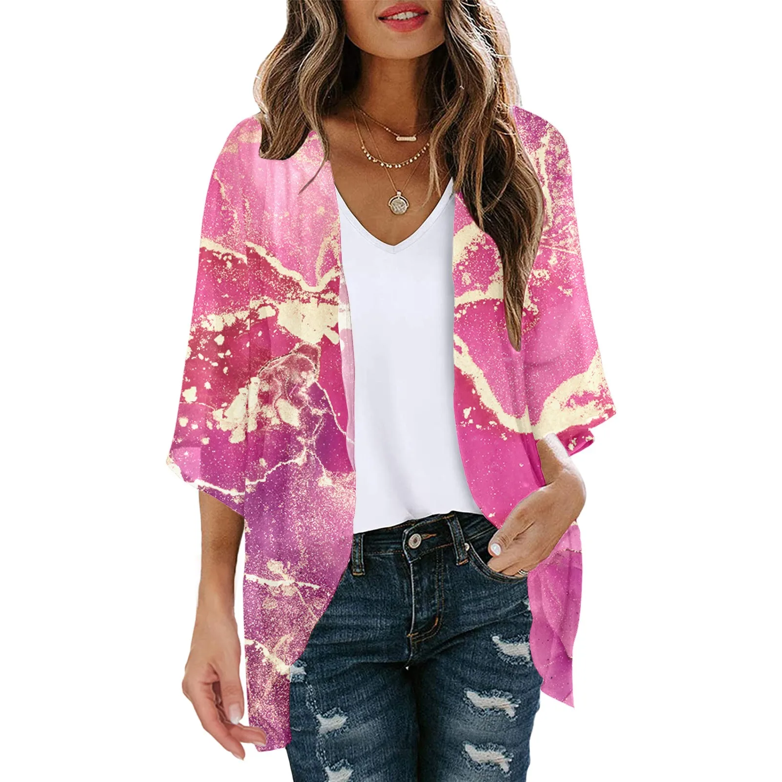 Blusa holgada de manga tres cuartos con estampado Floral para mujer, Camisa larga informal con botones