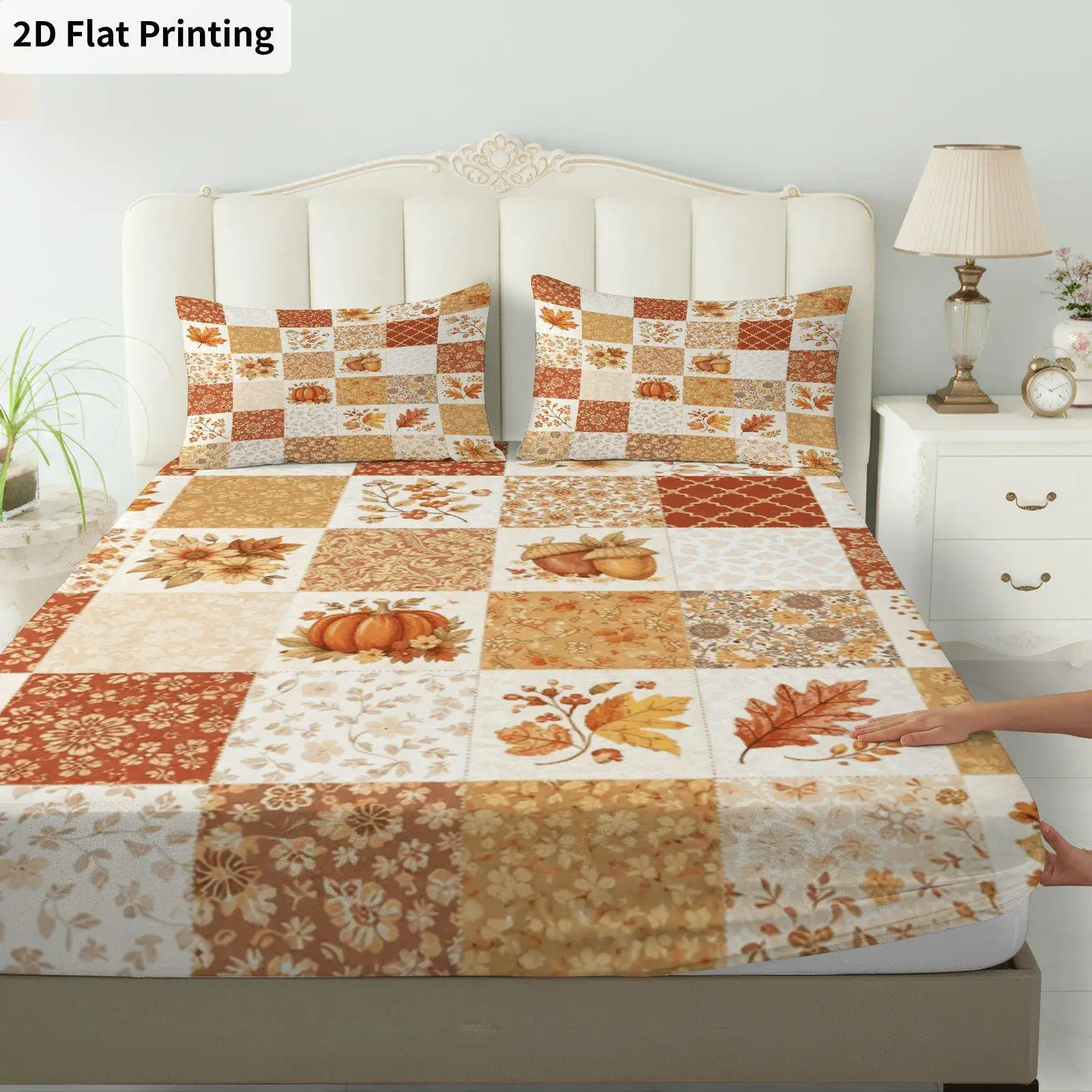 3-Piece Mattress Protector Set, Autumn Harvest Festival Bed Sheet Set, Thanksgiving Theme, Autumn Leaves and Floral Bedding, Mattress Protection, Suitable for Bedroom, Hotel, Resort Decoration, Mattress Cover, Stain-Resistant, Mattress Protector Cover, Suitable for All Seasons, Machine Washable, Easy to Care For, Universal for Home Bedroom, Essential for Dormitories and Rentals, Master Bedroom Decoration, Dust-Proof and Stain-Resistant, High Elasticity, Fits Various Sizes