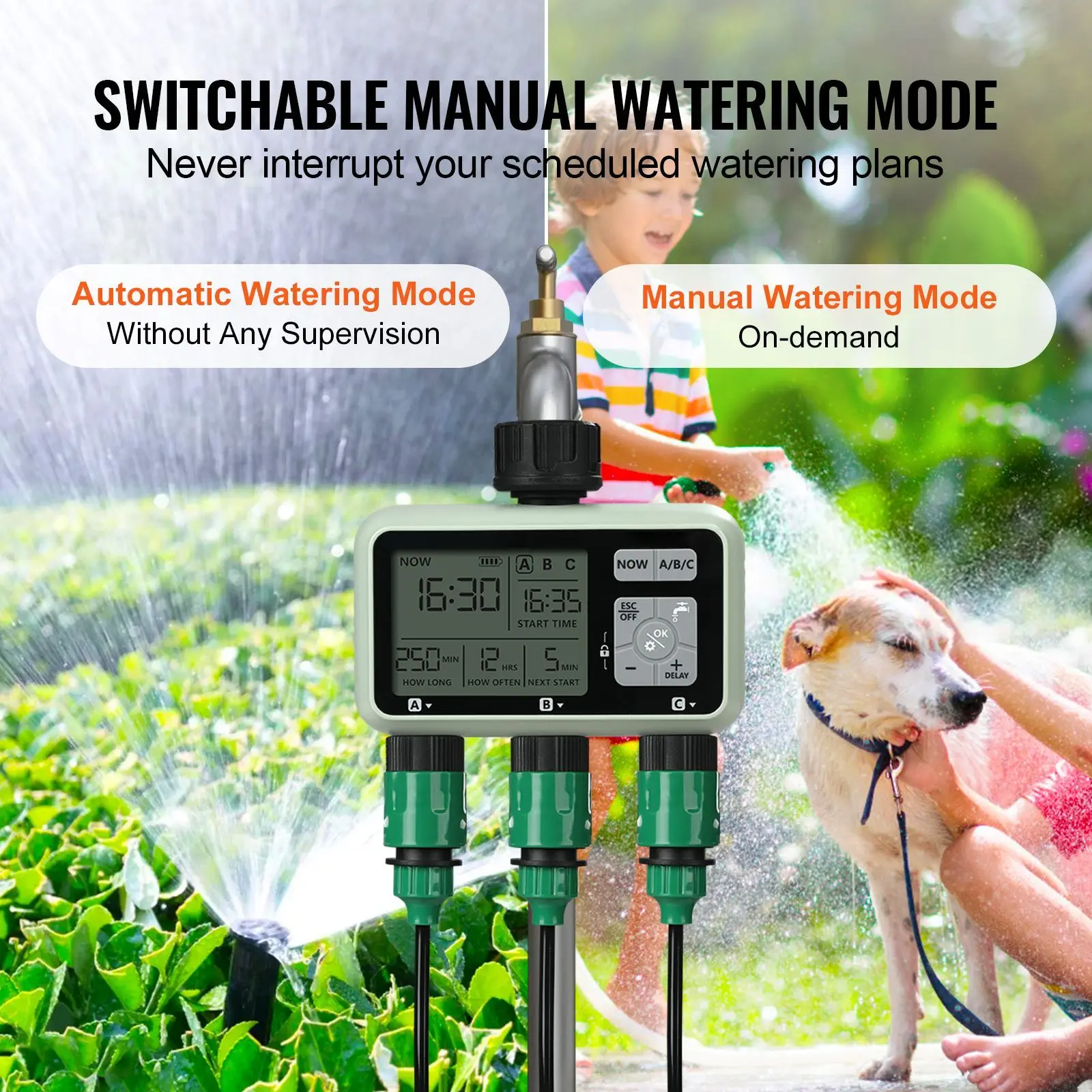 Water Timer 3 Outlets Hose Watering Sprinkler Timer with 3 Independent Watering Zone LCD Display Rain Delay Mode Manual Mode Garden Water Timer, IPX6 Waterproof for Yard Watering