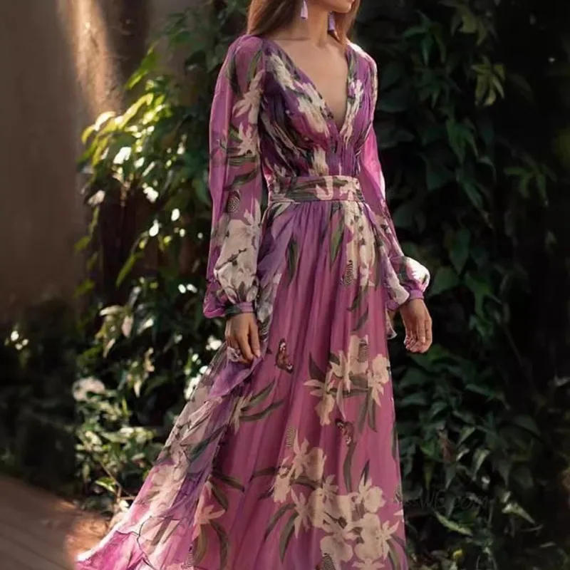 Winter 2025 Women's V-neck Long Sleeve Four-way Elastic Print Maxi Dress Full-length Regular Sleeves Polyester Fiber Empire Wais