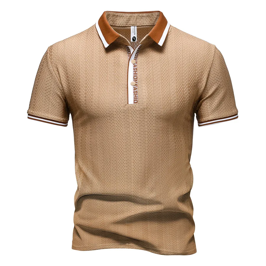 New Summer Men's Fashionable Contrast Placket With Letter Print Design Polos Casual Texture Slim Fit Short Sleeved Polo Shirt