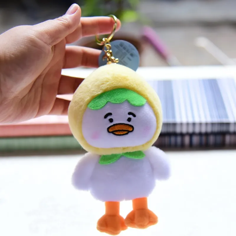 Cute Fruit Duck Plush Toy para crianças, chaveiro criativo dos desenhos animados, pingente, acessórios para sacos, presentes de aniversário infantil, novo, 14cm