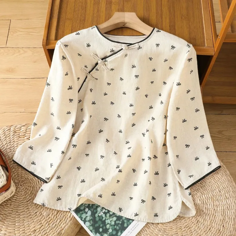 Women's Beige Chinese Style Linen Blouse Frog Button Print Contrast Trim Casual Top