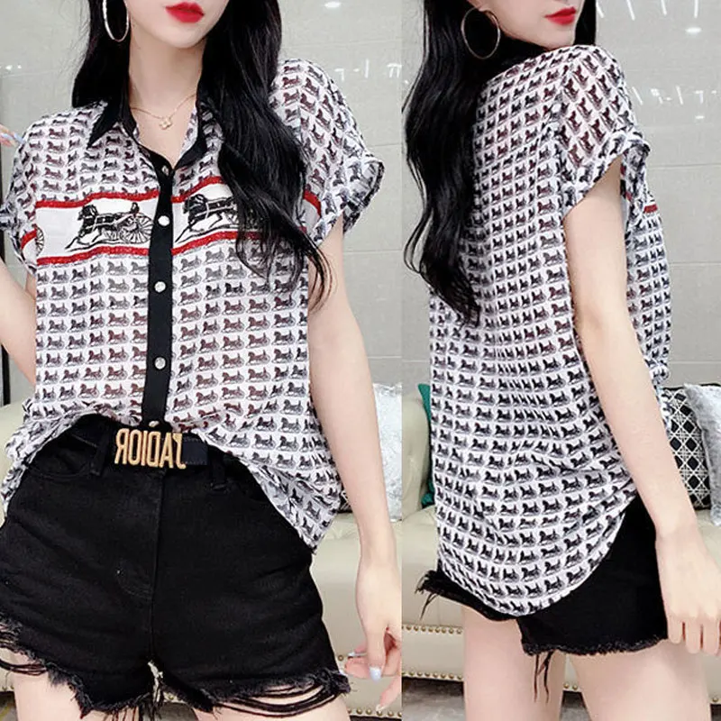 Vintage Printed Fashion Diamonds Shirt Summer Turn-down Collar Casual Chic Single-breasted Female Korean Loose Spliced Blouse