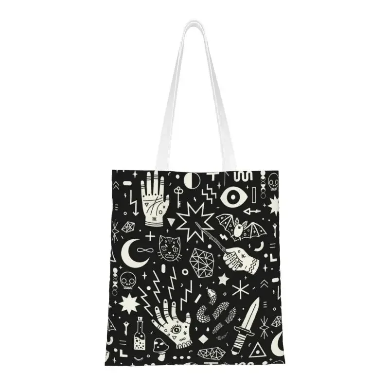 

Custom Halloween Witchcraft Witch Canvas Shopping Bags Women Recycling Groceries Occult Witchy Magic Shopper Tote Bags