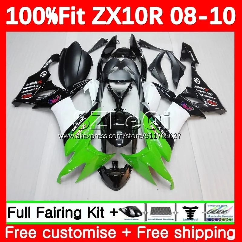 Injection Body For KAWASAKI NINJA ZX-10R ZX 10 R 10R 1000 CC Green white 110No.72 ZX10R 08 09 10 ZX1000 2008 2009 2010 Fairing