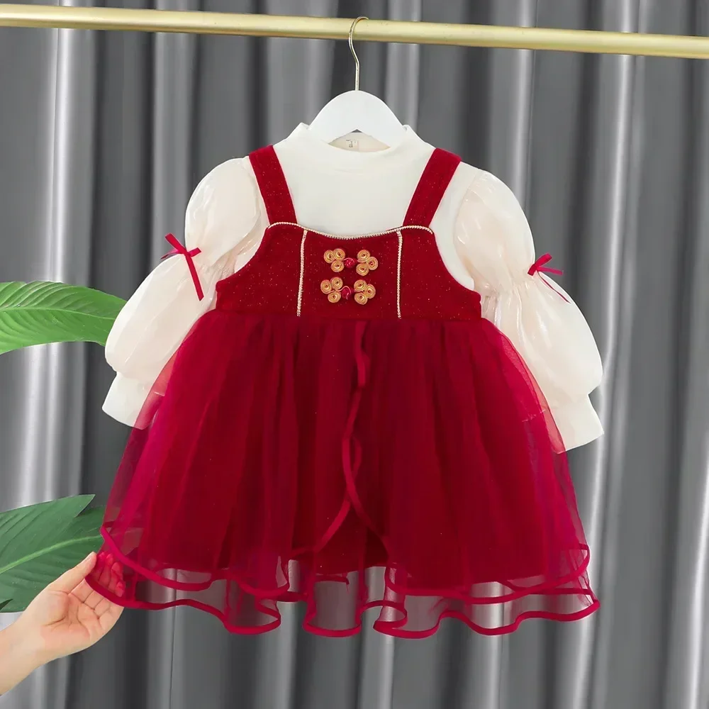 Toddler Baby Girls Dress Autumn Winter Kids Red Christmas New Year Plush Warm Dress Infant Clothing Set Top+skirt For 1-4 Years