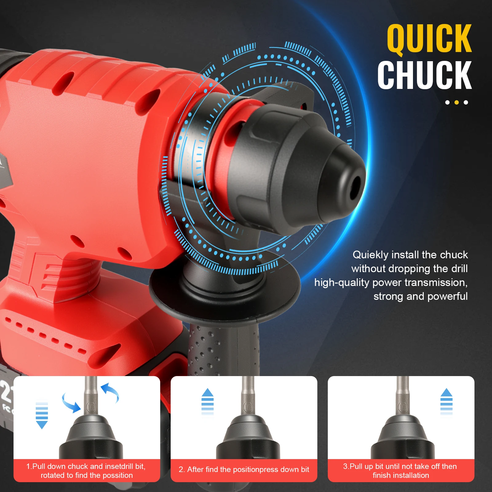 CONENTOOL Cordless Rotary Hammer Drill for Makita SDS-Plus, 4 Modes, Brushless, 2.1 Joules, 360° Handle, 2xBattery, 5 Drill Bits