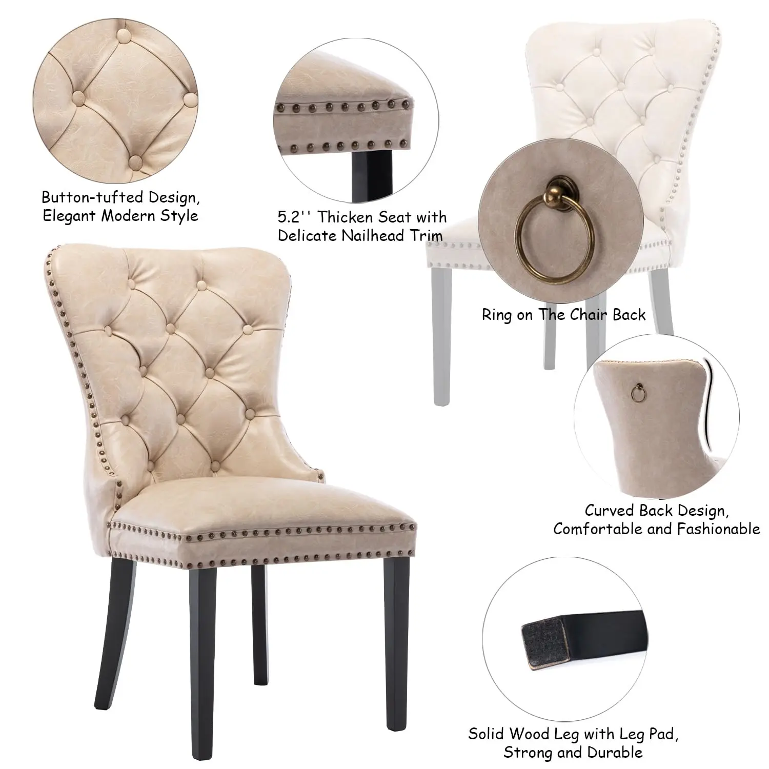 Beige Leather Dining Chairs Set of 4 Mid Century Modern Dining Room Chairs Tufted Upholstered Kitchen Dining Chairs, Customized view 3