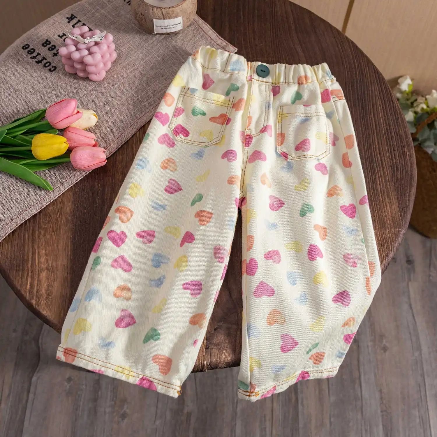 Children's Jeans 2024 Spring Baby Girls' Fashion Colorful Love Printed Straight Wide Leg Pants Casual Loose Denim Trousers