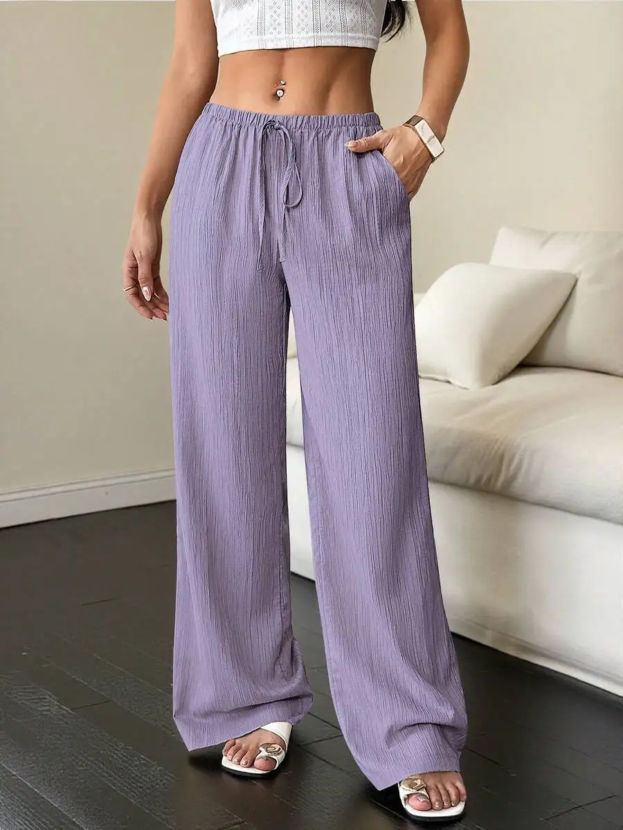 Spring Autumn 2026 Women Casual Solid Color Texture Fabric Waist Belted Side Pocket Wide Leg Pants Lady Loose Sweatpant Trousers