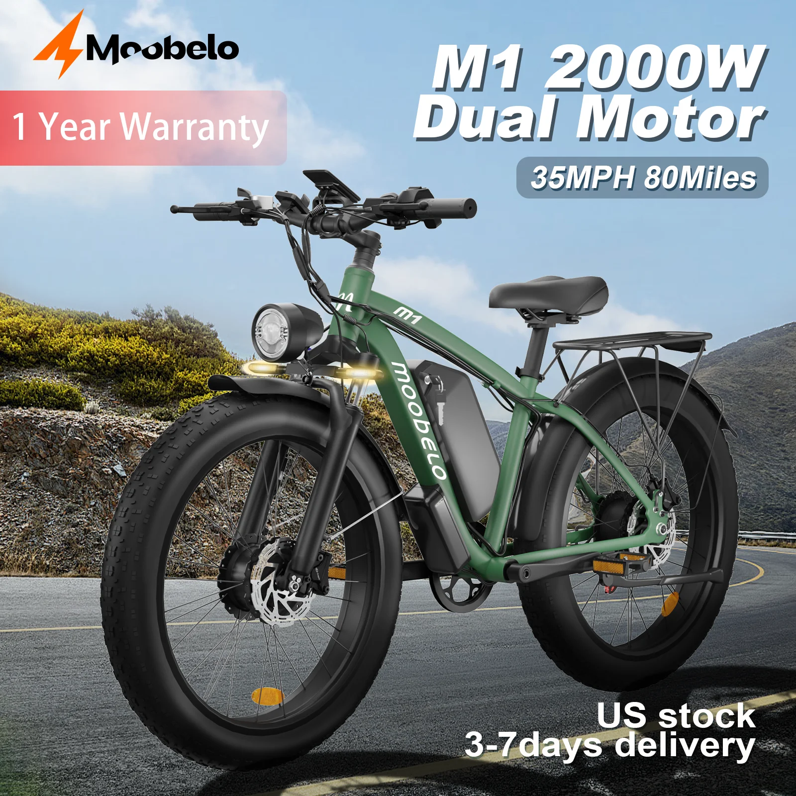 Moobelo M1 48V 2000W Dual Motor E-Bike 26" Fat Tires Vorderradaufhängung | CE-zertifiziert, ideal für das UNS-E-Bike zum Schnee-/Strand-/Urban-Reiten