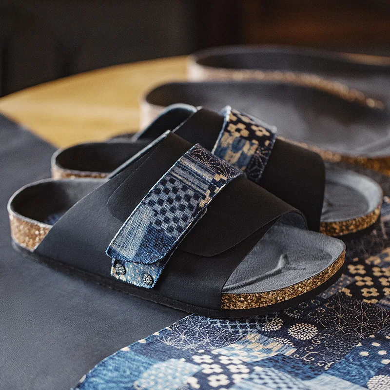Maden Vintage Color-Block Print Mules Men Summer Cork Sole Slide-On Sandals with Hook and Loop Closure Breathable Outdoor Shoes