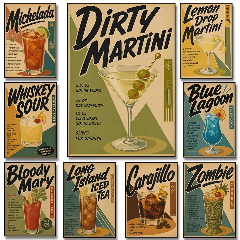 Vintage Cocktail Recipe Artwork Dry Martini Mojito Retro Bar Drink Illustration Poster Canvas Painting Wall Pictures Home Decor