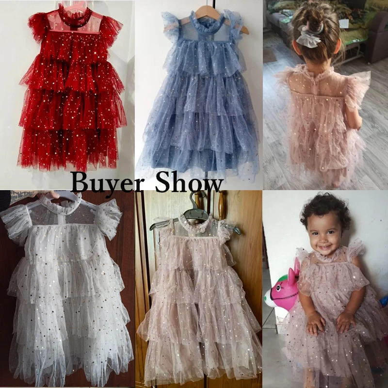 Fashion Girl Summer Party Dress Kids 2024 Sequin Ruffle Sleeve Princess Costume Baby Red Christmas Evening Parti Tulle Clothes