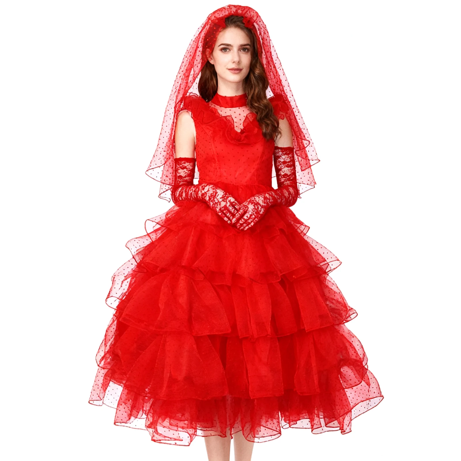 

Women Girls Lydia Deetz Costume Halloween Beetle Bride Red Wedding Dress Outfits