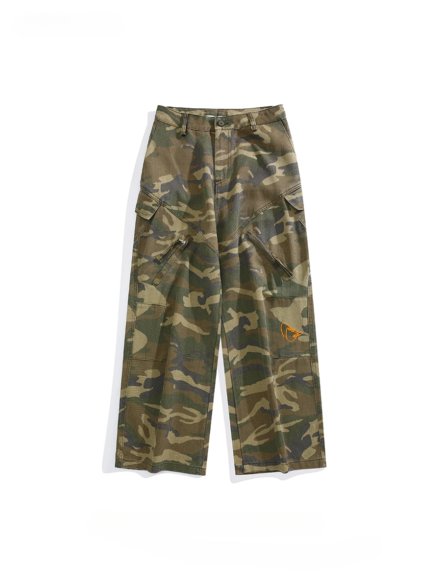 American Style Large Pocket Workwear Camouflage Pants Men High Trendy Street Embroidery Casual Straight Floor Mopping Trousers