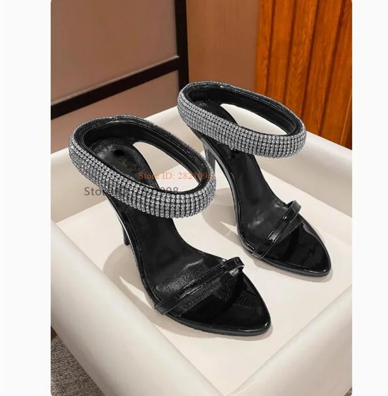 Solid Bright Black Patent Leather Stiletto Slip On High Heel Pumps Woman Pointed Toe Crystal Ankle Wrap Thin Heeled Dress Shoes