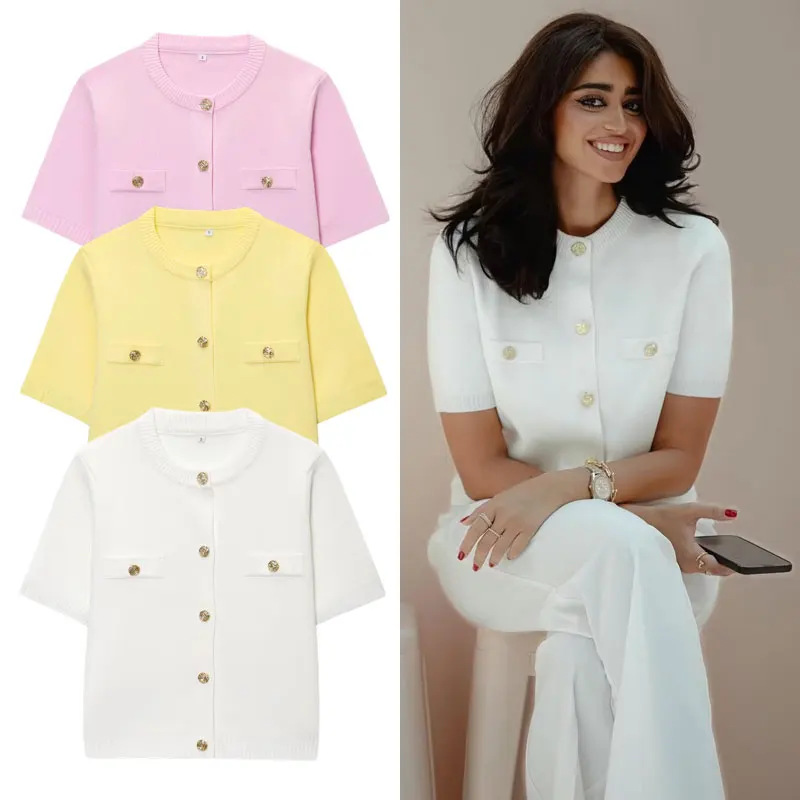 

2025 Women's Summer Knitted Short - Sleeve Cardigan Button Outerwear Elegant Office Casual Wear Fashion New White Knitwear Top