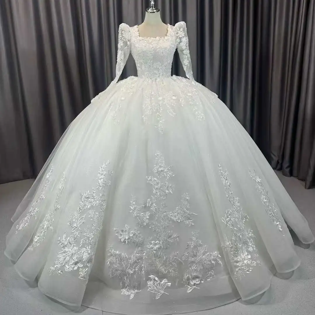 

Элегантные свадебные платья Flavinke с индивидуальной кружевной аппликацией, классический квадратный воротник, жемчужное свадебное платье, vestidos de novia.