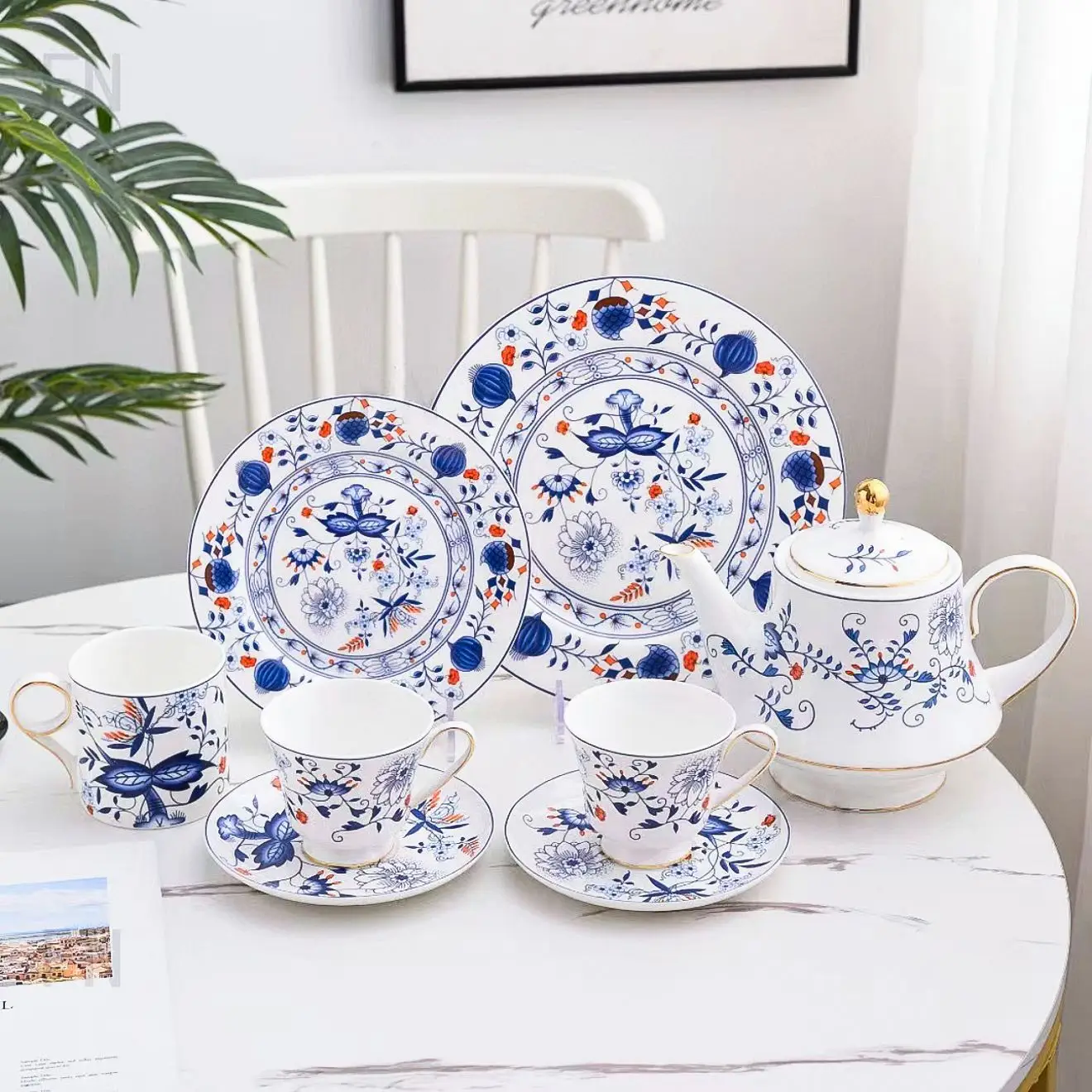 

European Mason family blue onion series cross-border bone china tableware set household bowl plate cup
