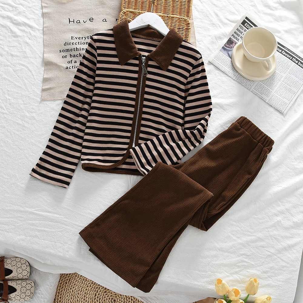 2025 Autumn Brown Striped Fashionable Casual Suit for Teen Girls Featuring Collared Zipper Jacket and Flared Pants  2 Pieces Set
