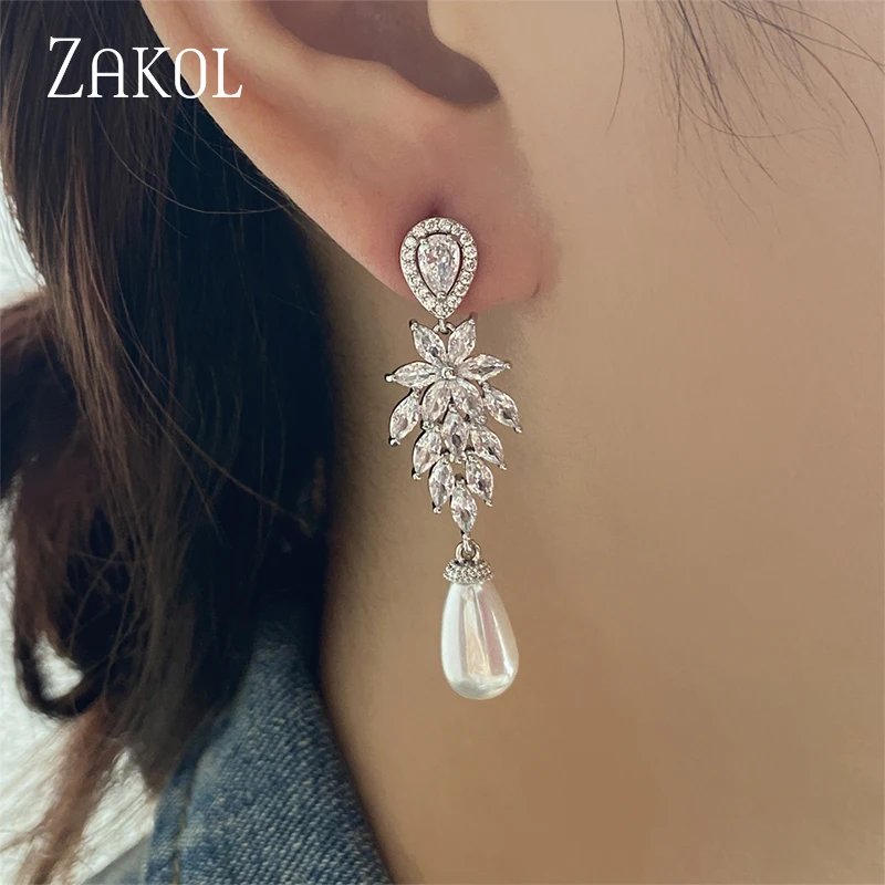 ZAKOL Luxury Pearl Bridal Dangle Earrings for Women Fashion Zircon Leaf Wedding Party Jewelry