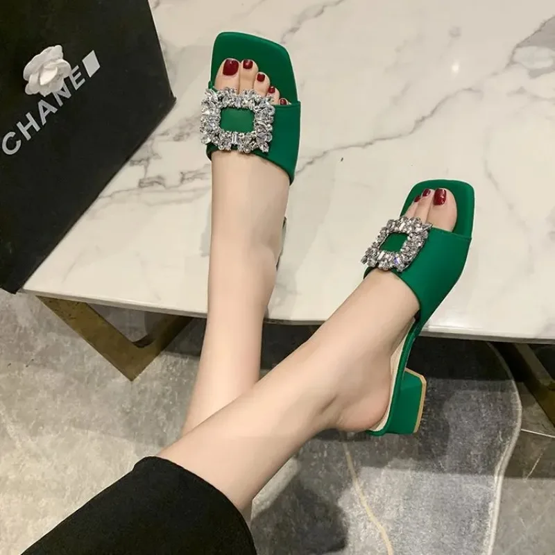 Women\'s Slippers Summer 2024 Rhinestones Mid Heel Elegant Sandals Fashion Outdoor Beach Shoes Slides Chanclas Mujer Playa
