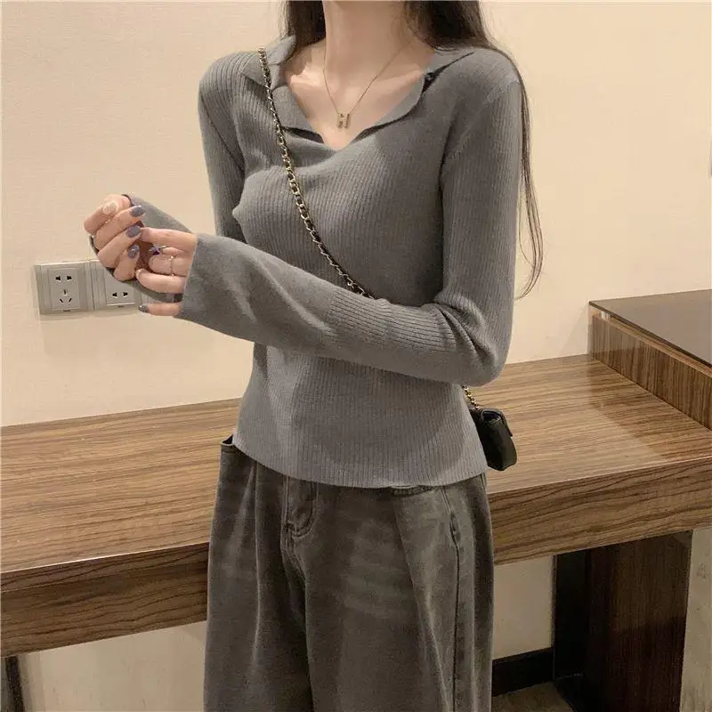 Design Inspired Knitted Sweater Women's Long Sleeved Knitted Base Sweater Polo Collar Slim Fit Short Top Sweater