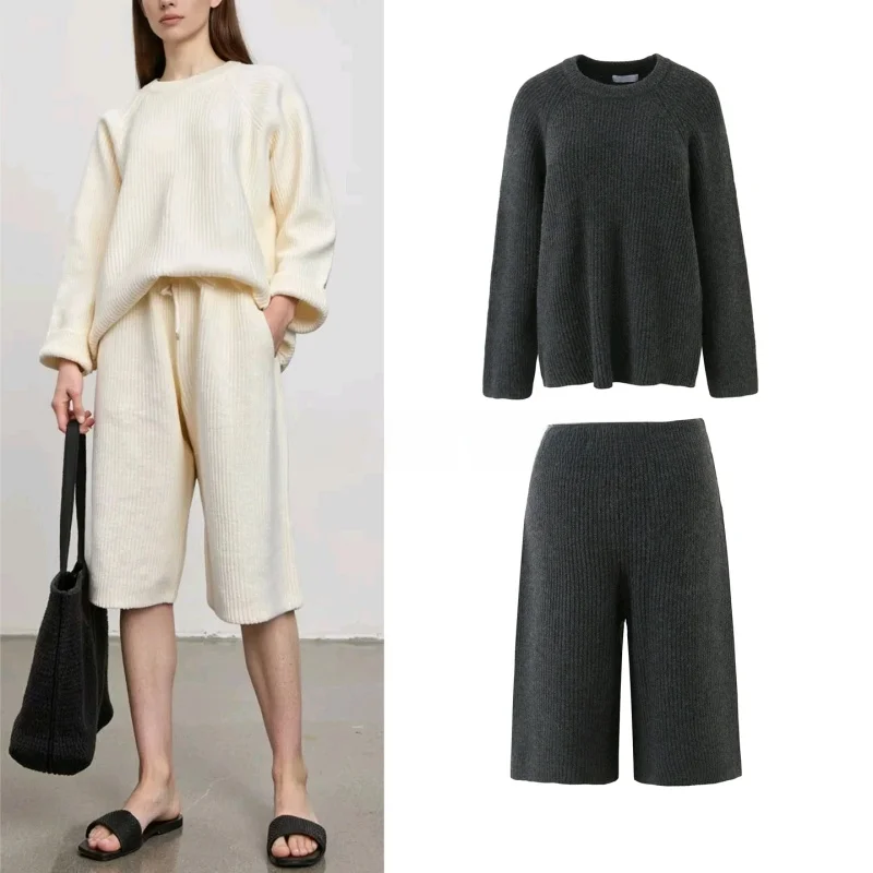 

Autumn New Women's Lazy Sle Loose round Ne Long Sve Knitted Sweater Five-Quarter Wide Leg Pants Set Casual Faion
