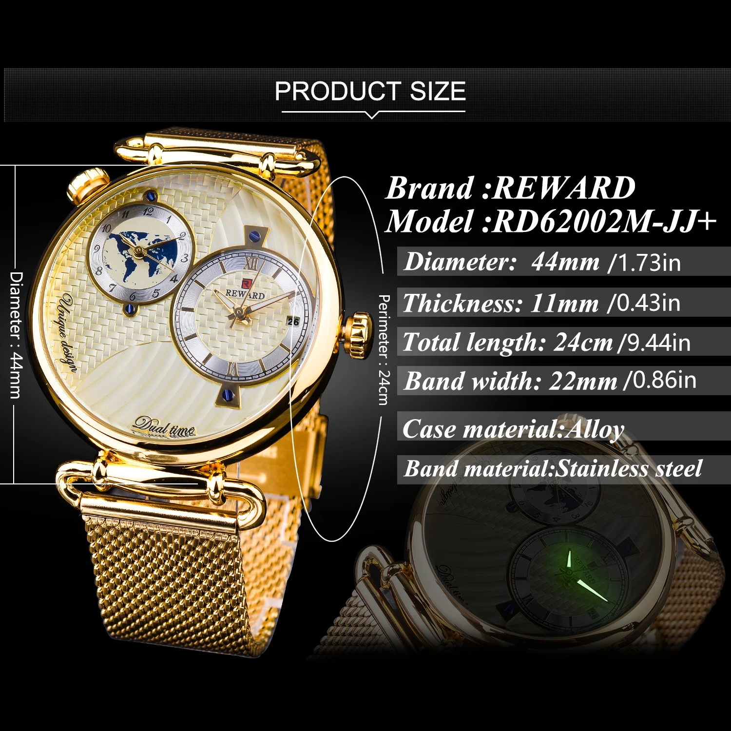 REWARD Gold Watches Men Multiple Time Zone Display Quartz Wristwatch Business Clock Man Luxury Watch