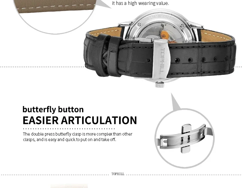 TOPHILL Stainless steel  Automatic Mechanical Men Watches High Quality Men Luxury Leather Watch Waterproof Bussiness Wristwatch