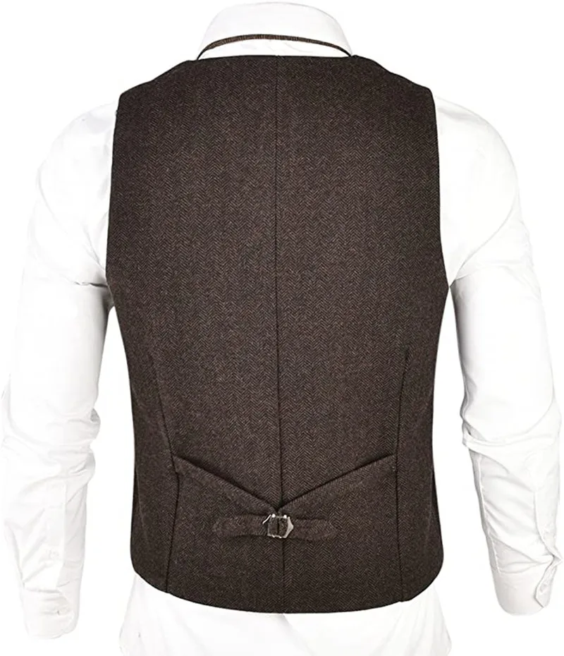 Mens Suits Vest  Herringbone Tailored Collar Waistcoat Fullback Wool Tweed Business Suit Vest For Wedding