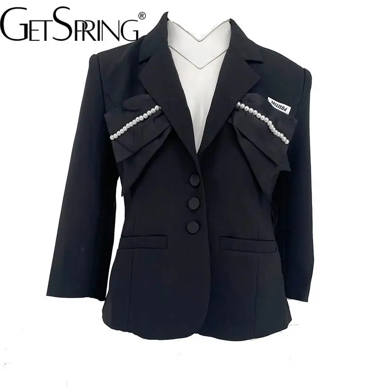 Getspring Women Blazer Color Matching Single Breasted Beading Full Sleeve Ladies Blazer Coat Fashion Women's Slim Suit Jacket