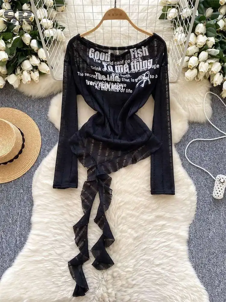 BabYoung jesień amerykańskie topy w stylu retro damskie bluzki z długim rękawem szczupła nieregularna odzież uliczna gorąca zgrywanie moda list T-Shirt z nadrukiem
