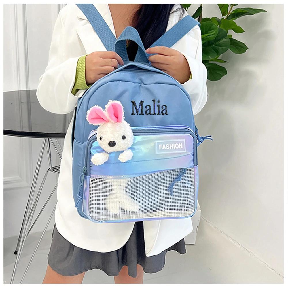 Sac à dos brodé de grande capacité avec nom personnalisé pour enfants, sac de livre pour garçons de la maternelle, sac à dos lapin mignon au laser, nouveau