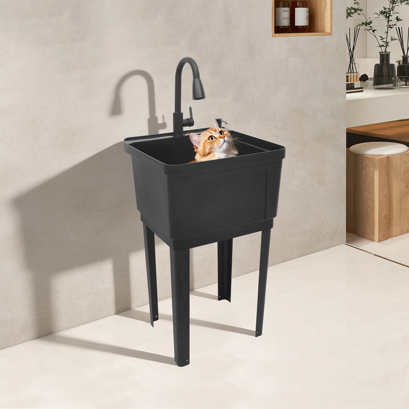 

Laundry Tub Utility Sink, Tall Black Utility Sink with Pull Down Faucet, 33 Inch Height, 15.85 Gallon Capacity, for Washing Pet